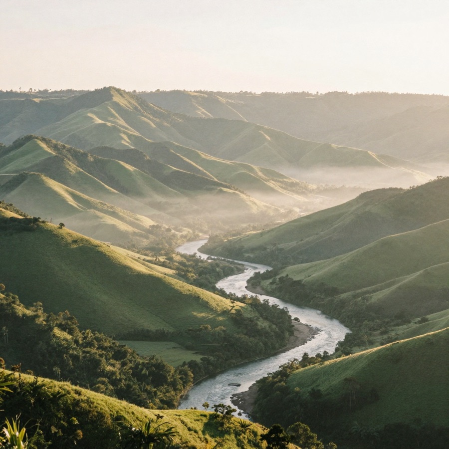Montanhas verdes com névoa no vale ao nascer do sol